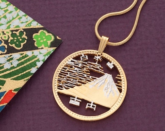 Japan Mount Fuji Pendant and Necklace, Japanese 100 Yen Coin Hand Cut, 14 Karat  and Rhodium Plated, 1" in Diameter, ( #K 217 )