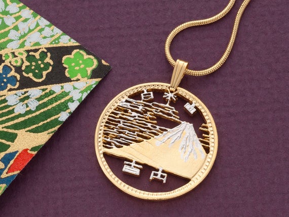 Mount Fuji Coin Pendant: Hand-cut Japanese 100 Yen, 14K Gold Mount Fuji Coin Pendant: Hand-cut Japanese 100 Yen, 14K Gold