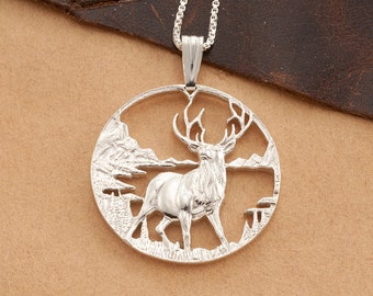Sterling Silver Elk Pendant: Wildlife Mountain Scene, 1 1/4"