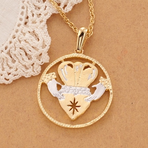 Irish Claddagh Pendant and Necklace, Hand Cut Irish Claddagh Medallion, Irish Jewelry, Irish Gifts, 7/8&quot; in Diameter, ( #R 835B )