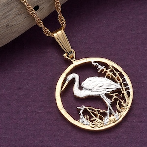 Egret Pendant, Russian hand cut coin, 3/4&quot; in diameter, ( #R 804B )
