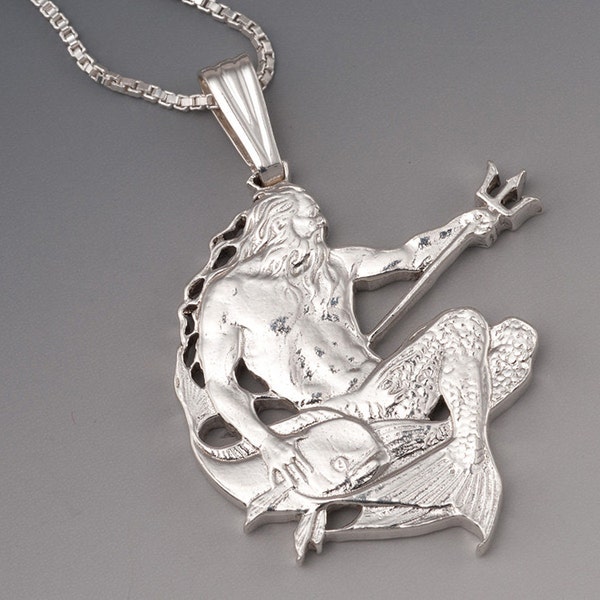 Sterling Silver Neptune Pendant, Hand Cut Barbados Neptune Coin, ( #X 22S )