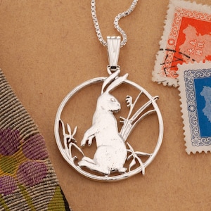 Rabbit Pendant Necklace, Sterling Silver Jewelry, Wildlife Jewelry, Coin Jewelry, Year Of The Rabbit Gifts,  (#X 557S )