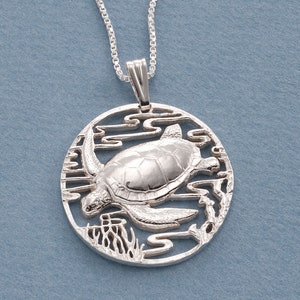 Silver Sea Turtle Pendant and Necklace, Hand cut Silver Sea Turtle Pendant, Sterling Silver Sea Turtle Jewelry, 1 1/4&quot; diameter ( #X 587S )