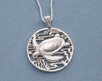 Silver Sea Turtle Pendant and Necklace, Hand cut Silver Sea Turtle Pendant, Sterling Silver Sea Turtle Jewelry, 1 1/4" diameter ( #X 587S )