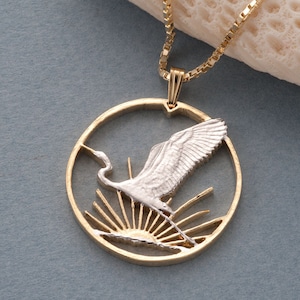 New Zealand Bird Pendant and Necklace, New Zealand Dollar Coin Hand Cut, 14 Karat Gold and Rhodium Plated, 1 1/4&quot; in Diameter, ( # 863 )
