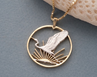 New Zealand Bird Pendant and Necklace, New Zealand Dollar Coin Hand Cut, 14 Karat Gold and Rhodium Plated, 1 1/4" in Diameter, ( # 863 )