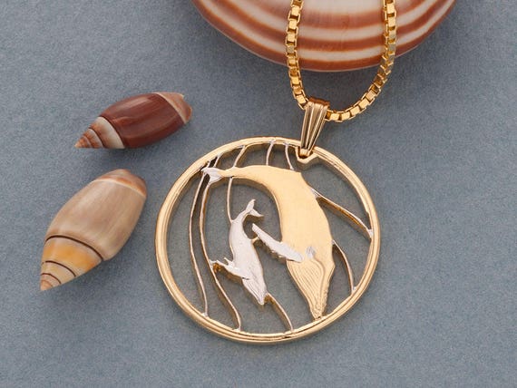 Humpback Whale Coin Pendant: Tonga Hand Cut, Gold & Rhodium Plated