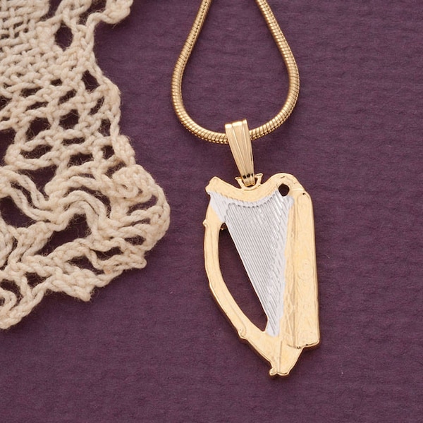 Irish Harp Pendant and Necklace, Ireland One Half Crown Harp Coin Hand Cut, 14 Karat Gold and Rhodium plated, 1" in Diameter, ( #K 418B )