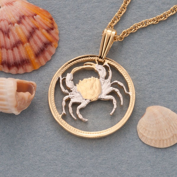 Crab Pendant, Hand cut Malta coin, 3/4" in diameter, (# R 840)