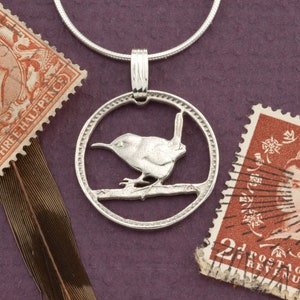 Wren Pendant, Great Britain Coin Jewelry, Bird Pendant, British Farthing Jewelry, Ethnic Jewelry,  ( #K 127S )