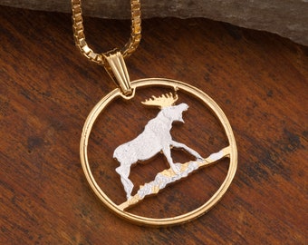 Bull Moose Pendant and Necklace , Moose Wild life Medallion Hand Cut, 14 Karat Gold and Rhodium Plated, 1" in Diameter, ( #X 888 )