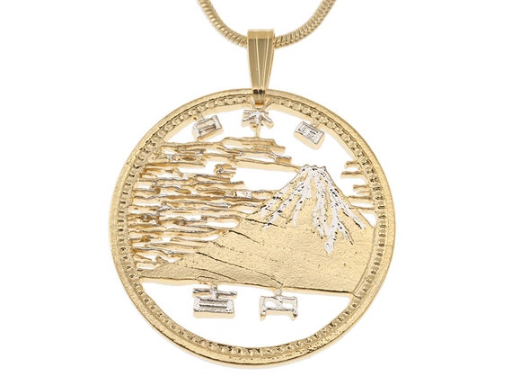 Mount Fuji Coin Pendant: Hand-cut Japanese 100 Yen, 14K Gold