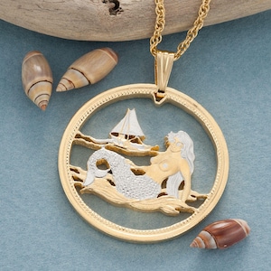 Mermaid Pendant and Necklace, Palau One Dollar Mermaid Coin Hand Cut, 14 K Gold and Rhodium plated,1 3/8&quot; in Diameter, ( #R 489 )
