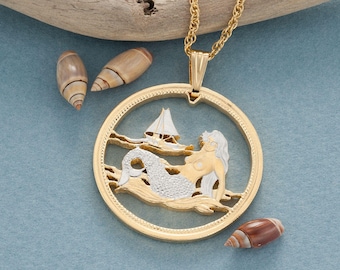 Mermaid Pendant and Necklace, Palau One Dollar Mermaid Coin Hand Cut, 14 K Gold and Rhodium plated,1 3/8" in Diameter, ( #R 489 )