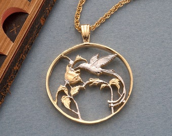 Hummingbird Pendant & Necklace, Jamaica Steamer Tail Hummingbird 25 cents Coin Hand Cut,  14K Gold and Rhodium Plated ( #R 209 )