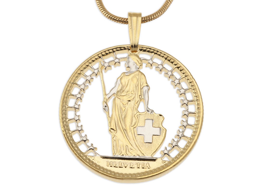 Switzerland Pendant and Necklace, Swiss Two Frank Coin Hand Cut