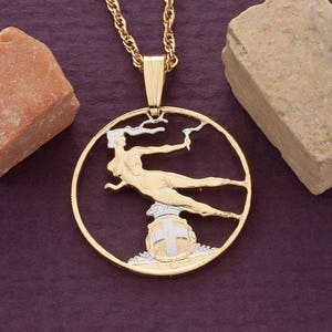 Italian Pendant and Necklace Jewelry, Italy 20 centisisi Coin hand cut, 14 Karat Gold and Rhodium plated, 3/4&quot; in Diameter, ( # R199 )