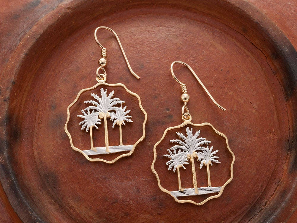 Palm Tree Earrings Iraq 10 Fils Palm Tree Coins Hand Cut14 | Etsy