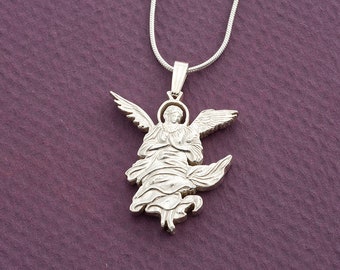 Silver Angel Pendant and Necklace, Hand cut Angel Coin Pendant, Religious Jewelry, Angel Jewelry, 1" diameter, ( #K 680S )