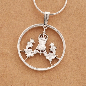 Sterling Silver Scottish Thistle Pendant, Hand cut Scottish Thistle Coin , Scottish Coin Jewelry, 7/8&quot; in diameter ( #K 137S )