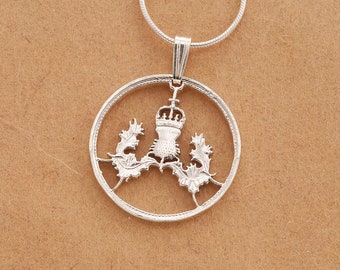 Sterling Silver Scottish Thistle Pendant, Hand cut Scottish Thistle Coin , Scottish Coin Jewelry, 7/8" in diameter ( #K 137S )