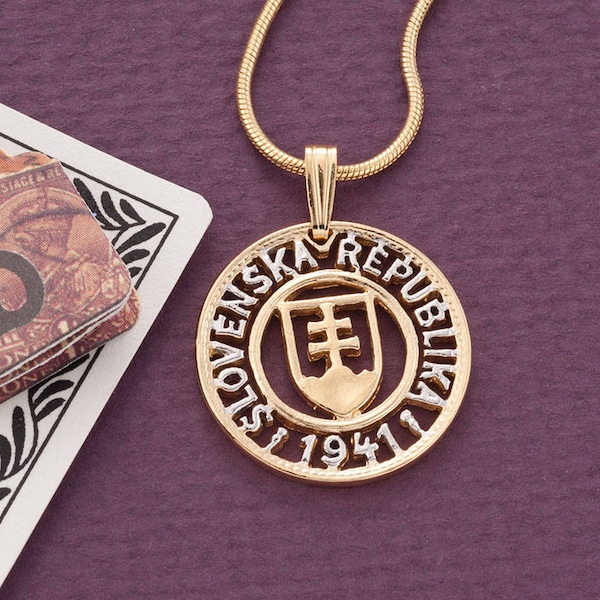 Slovakian Crest Pendant and Necklace, Slovakian One Koruna, coin hand cut, 14 Karat Gold and Rhodium plated, 3/4" in Diameter, ( # K 602 )