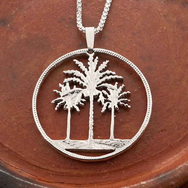 Palm Tree Pendant, Silver Palm Tree Necklace, Tropical Jewelry,  Iraq Coin Jewelry,  Sterling Silver Jewelry, ( # X 844S )