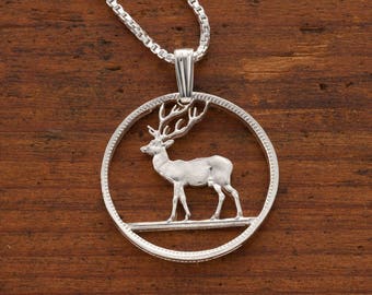 Hand Cut Sterling Silver Deer Pendant Necklace: Wildlife Art Coin