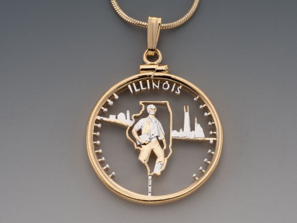 Hand Cut Illinois State Quarter Pendant: 14K Gold & Rhodium Plated