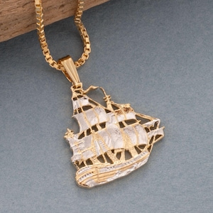 Clipper Ship Pendant and Necklace, Chinese Clipper Ship Coin hand Cut, 14 Karat Gold and Rhodium plated, 7/8&quot; in Diameter, ( #X 567 )