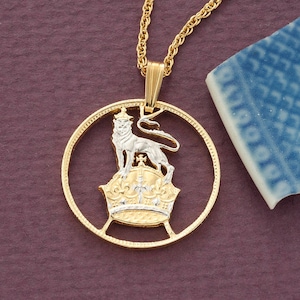 Hand Cut British Shilling Pendant: Lion, 14K Gold & Rhodium Plated