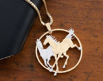Horse Pendant and Necklace, Isle Of Man Year Of The Horse Coin Hand Cut, 14 Karat Gold and Rhodium Plated, 1 1/4" in Diameter, ( #X 780 )
