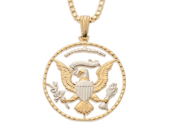 14k and Rhodium Plated Kennedy Half Dollar Hand Cut American Eagle Pendant