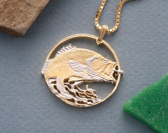Large Mouth Bass Pendant, Hand cut private mint medallion, 1 1/4&quot; in Diameter, ( # X 731 )