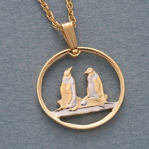 Penguin Pendant and Necklace, Falkland Island Penguin Coin Hand Cut, 14Karat Gold and Rhodium Plated , 5/8" in Diameter, ( #R 99 )