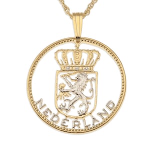 Netherlands Pendant and Necklace, Netherlands One Guilder Coin Hand cut, 14 Karat Gold and Rhodium plated, 7/8&quot; in Diameter, ( #R 236 )