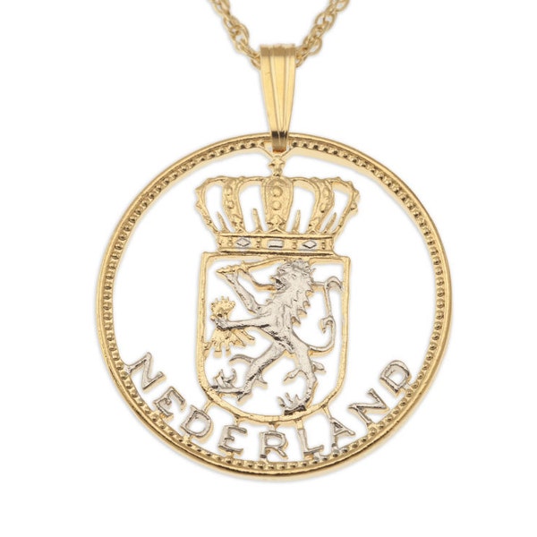 Netherlands Pendant and Necklace, Netherlands One Guilder Coin Hand cut, 14 Karat Gold and Rhodium plated, 7/8" in Diameter, ( #R 236 )