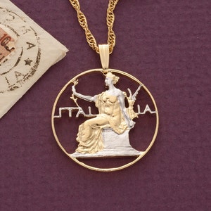 Italian Pendant and Necklace Jewelry, Italian One Lira Coin Hand cut, 14 Karat Gold and Rhodium plated, 1&quot; in Diameter, ( #R 203 )