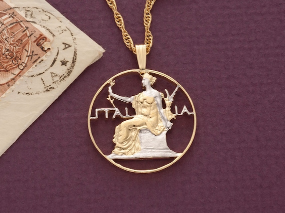 Italian Lira Coin Pendant Necklace: 14K Gold Rhodium Plated