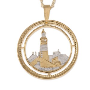 Lighthouse Pendant and Necklace Jewelry,Gibraltar Lighthouse coin hand cut plated with 14 Karat Gold & Rhodium, 1 in Diameter, R 125 image 2