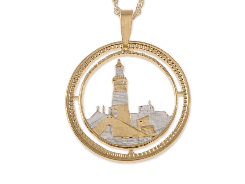 Lighthouse Pendant and Necklace Jewelry,Gibraltar Lighthouse coin hand cut plated with 14 Karat Gold & Rhodium, 1 in Diameter, R 125 image 2