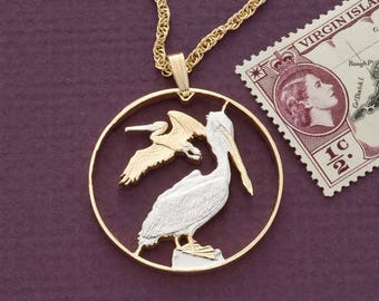 Pelican Pendant & Necklace, British Virgin Islands 50 Cents Hand Cut Coin, 14K and Rhodium Plated 1 1/4&quot; in Diameter ( #R 47 )