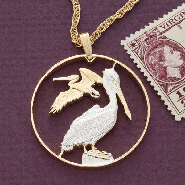 Pelican Pendant & Necklace, British Virgin Islands 50 Cents Hand Cut Coin, 14K and Rhodium Plated 1 1/4" in Diameter ( #R 47 )