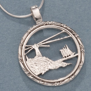 Hand Cut Sterling Silver Lighthouse Pendant: Maine Quarter Coin Jewelry