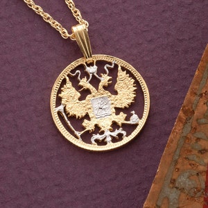 Russian Eagle Pendant and Necklace, Russian 15 Kopeks Coin Hand cut, 14 Karat Gold and Rhodium plated, 3/4&quot; in Diameter, ( #R 269 )