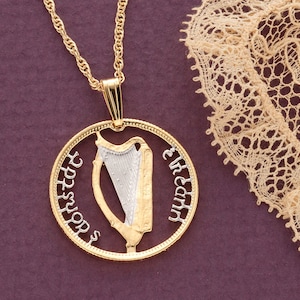 Irish Harp Celtic Pendant and Necklace, Ireland One Shilling Harp coin hand Cut, 14 K Gold and Rhodium Plated, 7/8&quot; in Diameter, ( #R 175 )
