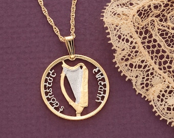 Hand Cut Irish Harp Coin Pendant: 14K Gold & Rhodium Plated Necklace