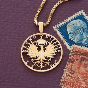 Italian Eagle Pendant and Necklace, Italian One Lira Coin hand Cut, 14 Karat Gold and Rhodium plated, 7/8&quot; in Diameter, ( #X 196 )
