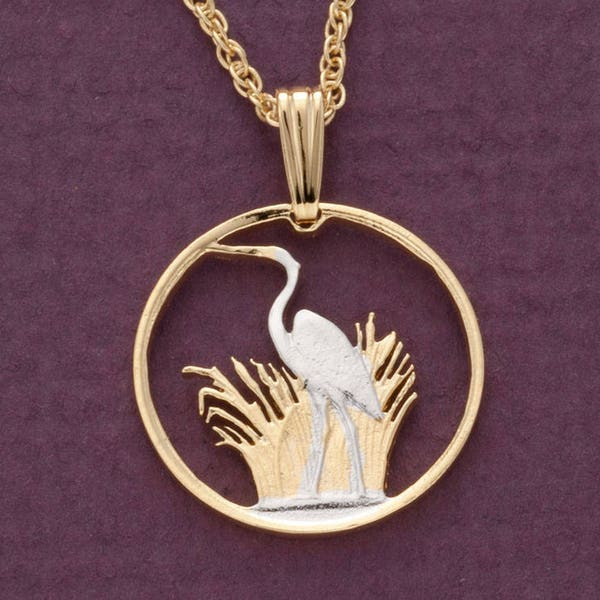 Heron Pendant & Necklace, Malawi Five Tambala Coin hand Cut, ( #R 231 )